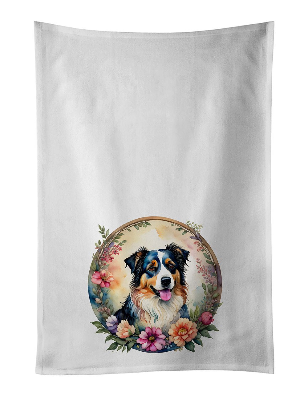 Australian Shepherd And Flowers Kitchen Towel Set Of 2 White Dish Towels Decorative Bathroom Hand Towel For Hand, Face, Hair, Yoga, Tea, Dishcloth, 19 X 28", White_maomaolike.com