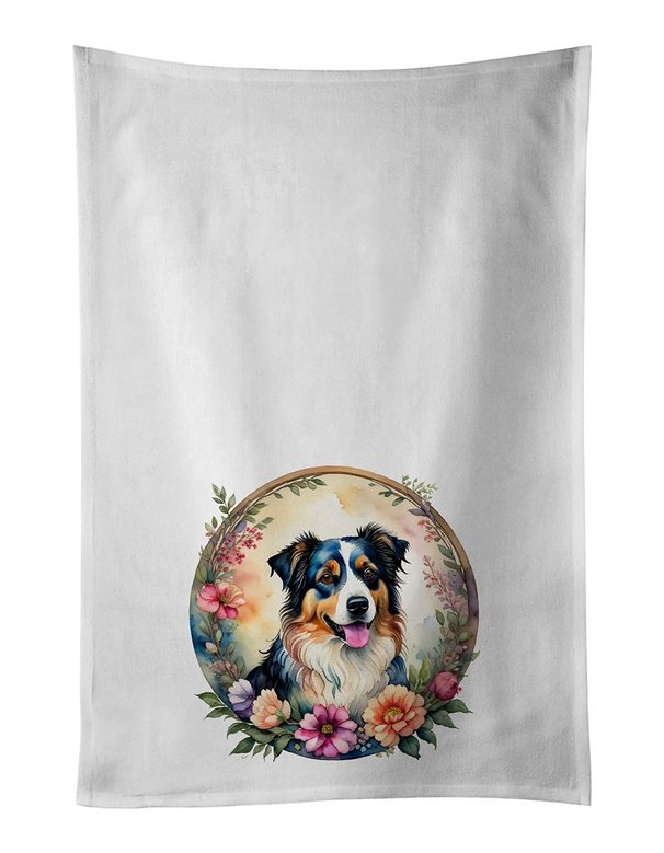 Australian Shepherd And Flowers Kitchen Towel Set Of 2 White Dish Towels Decorative Bathroom Hand Towel For Hand, Face, Hair, Yoga, Tea, Dishcloth, 19 X 28", White_maomaolike.com