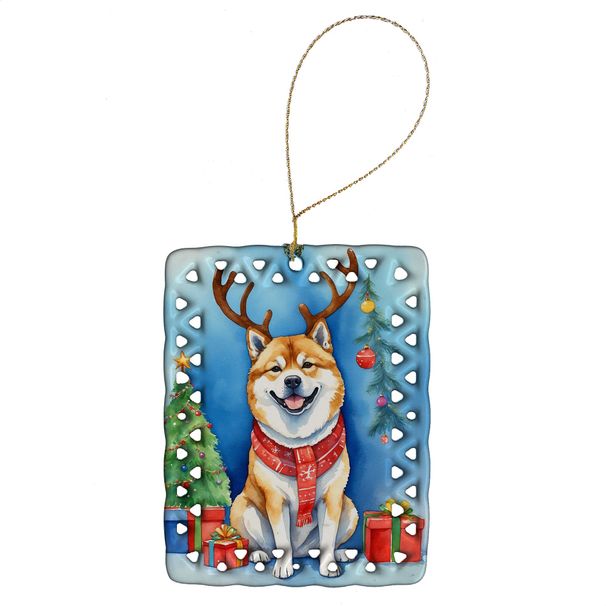 Akita Christmas Reindeer Porcelain Ornament Christmas Tree Hanging Decorations For Home Christmas Holiday, Rectangle, Gift, Multicolor_maomaolike.com