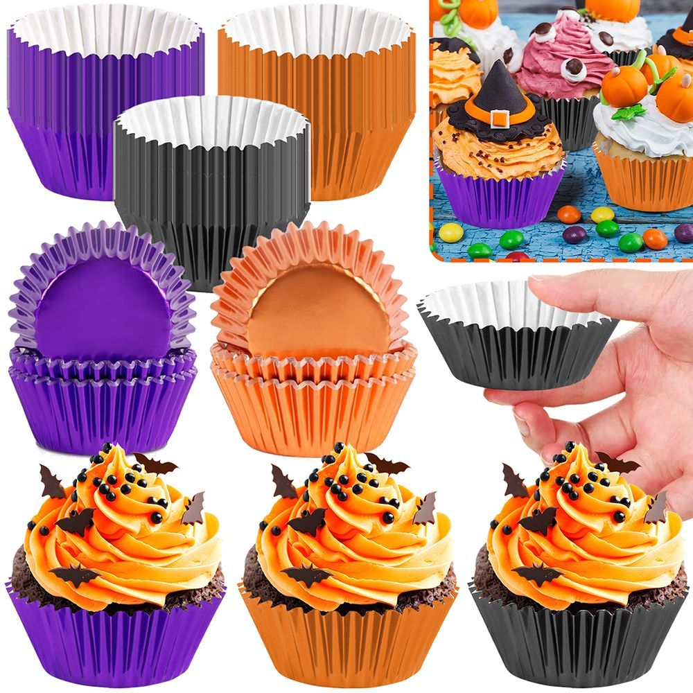 300 Pcs Halloween Foil Cupcake Liners Black Purple Orange Foil Metallic Cupcake Wrappers Halloween Party Standard For Halloween Party Birthday_maomaolike.com