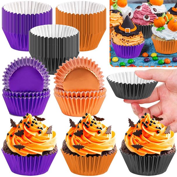 300 Pcs Halloween Foil Cupcake Liners Black Purple Orange Foil Metallic Cupcake Wrappers Halloween Party Standard For Halloween Party Birthday_maomaolike.com