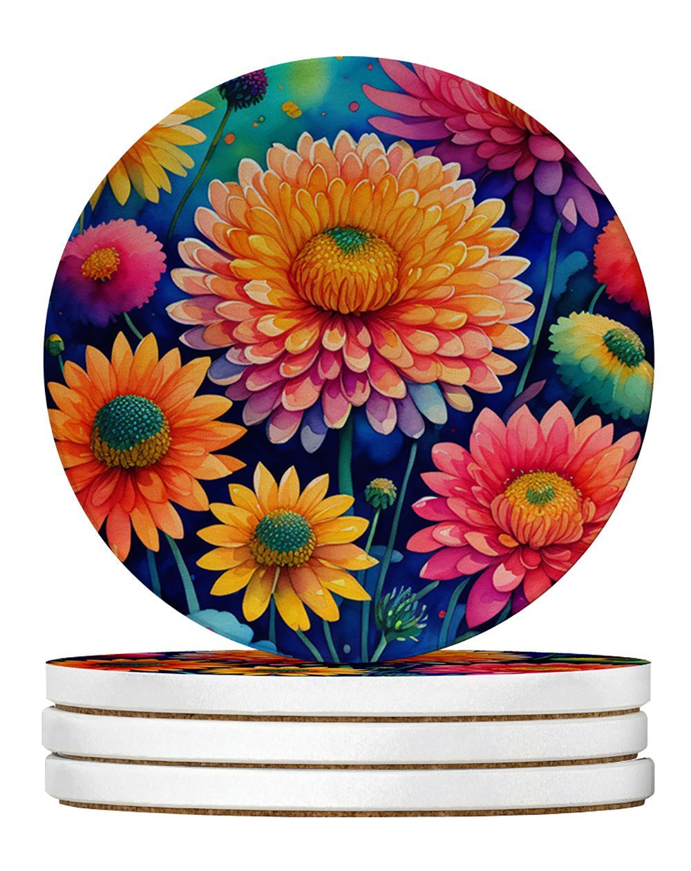 Colorful Chrysanthemums Large Sandstone Coasters Pack Of 4 Absorbent Round Coasters Decor Gifts For Men Or Women, 4 In, Multicolor_maomaolike.com