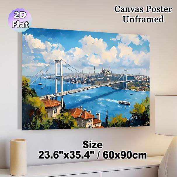 Bosphorus Bridge Cityscape Painting Poster, Vibrant Impressionist-style Scenic Bridge Over Blue Waters With Coastal Houses And Mosque Poster_maomaolike.com