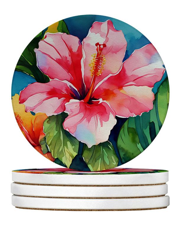 Hawaii Hawaiian Hibiscus In Watercolor Large Sandstone Coasters Pack Of 4 Absorbent Round Coasters Decor Gifts For Men Or Women, 4 In, Multicolor_maomaolike.com