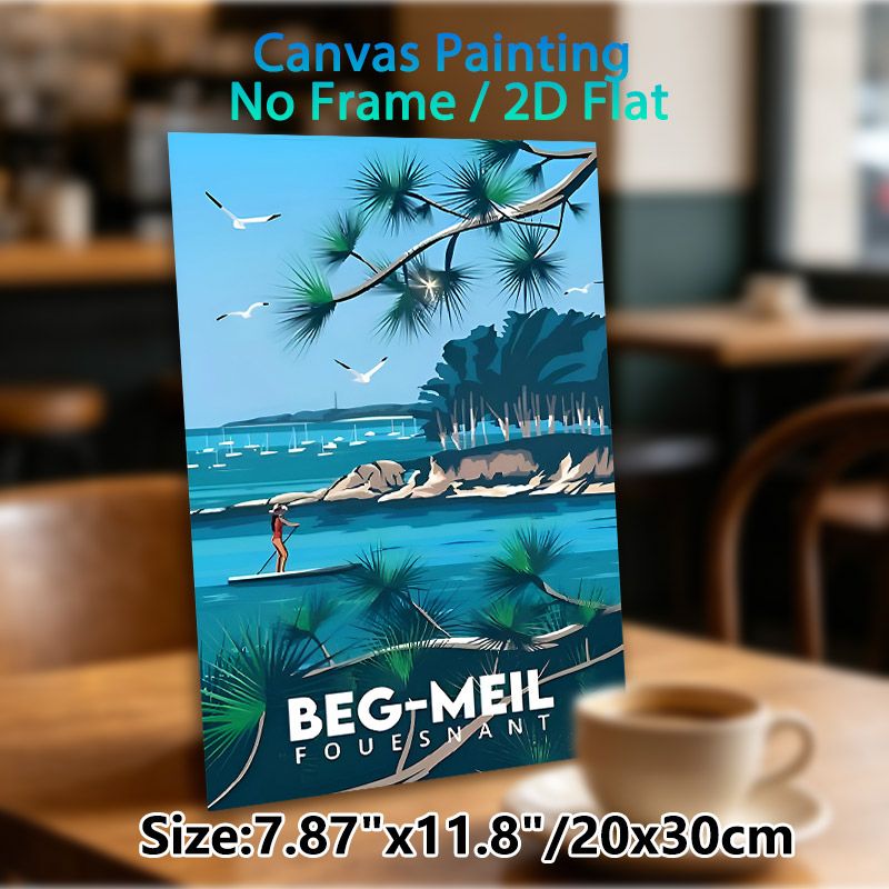 Beg-Meil Coastal Stand-Up Paddling Painting Poster, Vibrant Flat-style Seaside Scene Poster, Serene Nautical Decor Ideal For Living Room, Bedroom Or_maomaolike.com