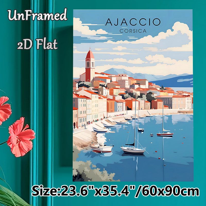 Ajaccio Corsica Coastal Town Painting Poster, Warm-toned Retro Harbor Scene Poster, Serene Travel-inspired Wall Decor Suitable For Living Room_maomaolike.com