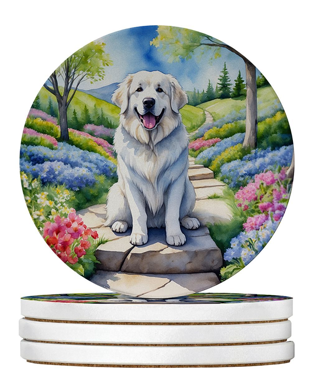 Great Pyrenees Spring Path Large Sandstone Coasters Pack Of 4 Absorbent Round Coasters Decor Gifts For Men Or Women, 4 In, Multicolor_maomaolike.com