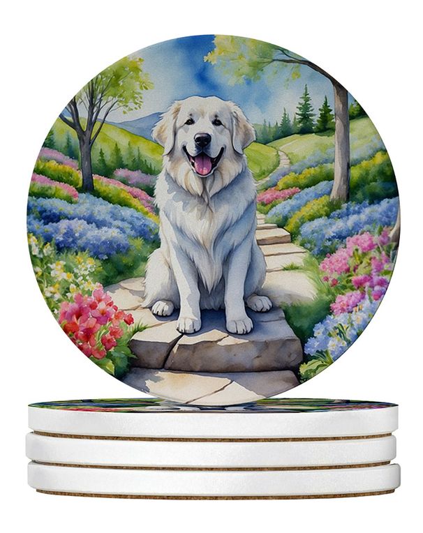 Great Pyrenees Spring Path Large Sandstone Coasters Pack Of 4 Absorbent Round Coasters Decor Gifts For Men Or Women, 4 In, Multicolor_maomaolike.com