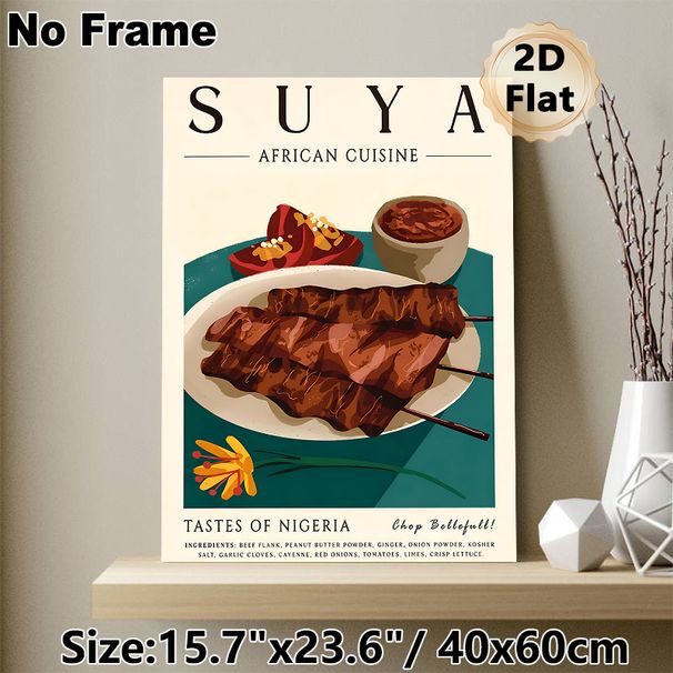 Suya African Cuisine Painting Poster, Vintage Style Illustrated Nigerian Grilled Beef & Side Dishes Poster, Attractive Culinary Artwork Ideal For_maomaolike.com
