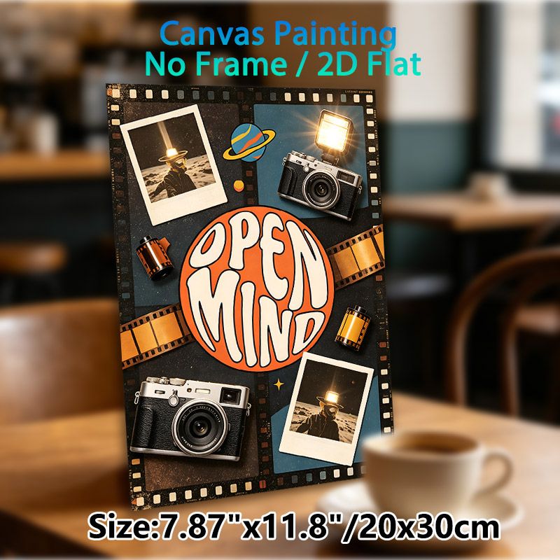 Vintage Camera & Space "Open Mind" Painting Poster, Retro Nostalgic Collage Poster, Featuring Classic Cameras, Film Rolls And Space-themed Photos_maomaolike.com