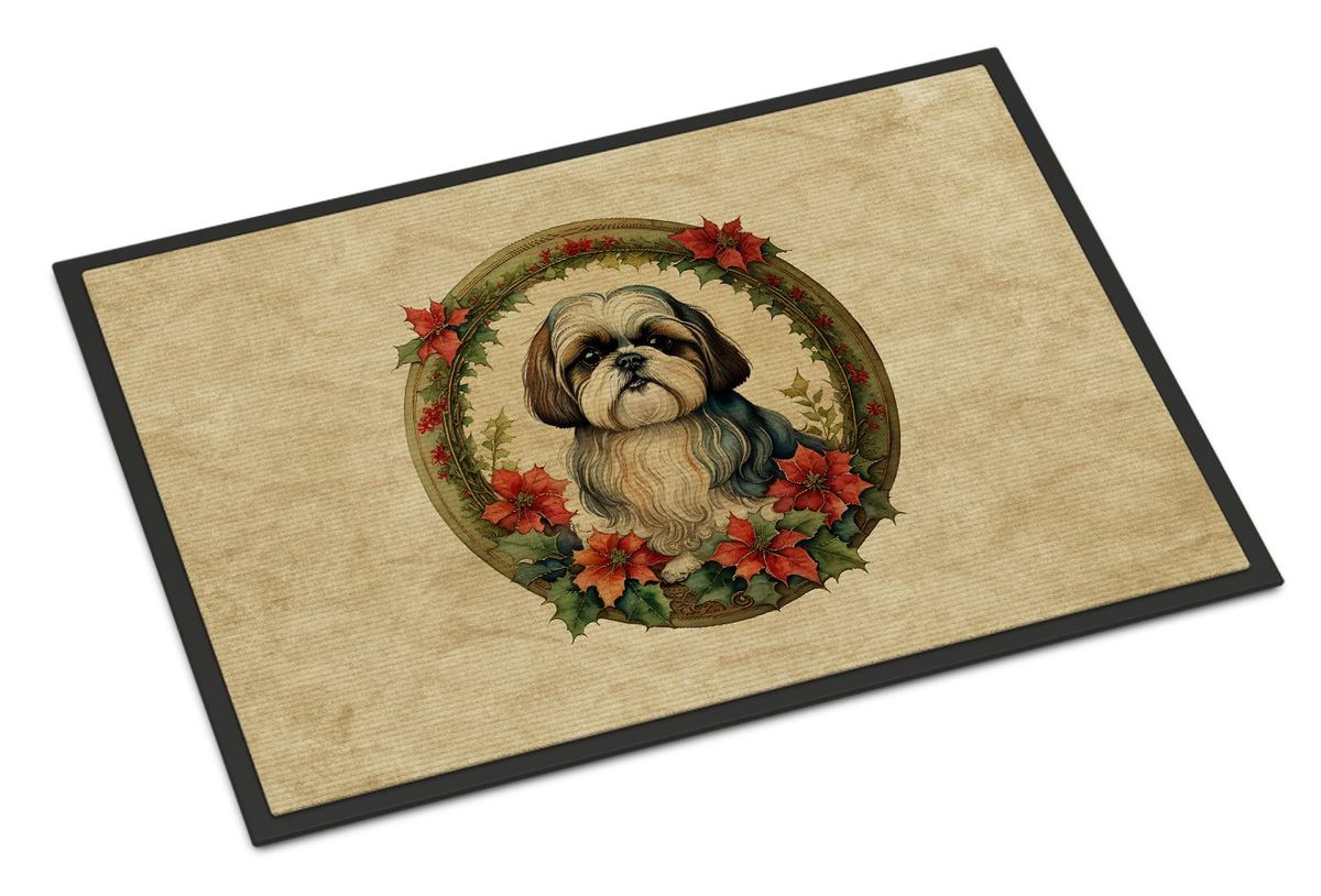 Shih Tzu Christmas Flowers Doormat Front Door Mat Indoor Outdoor Rugs For Entryway, Non Slip Washable Low Pile, 24H X 36W_maomaolike.com