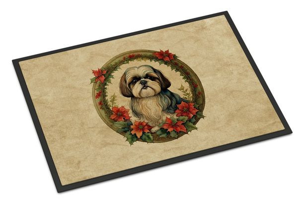 Shih Tzu Christmas Flowers Doormat Front Door Mat Indoor Outdoor Rugs For Entryway, Non Slip Washable Low Pile, 24H X 36W_maomaolike.com