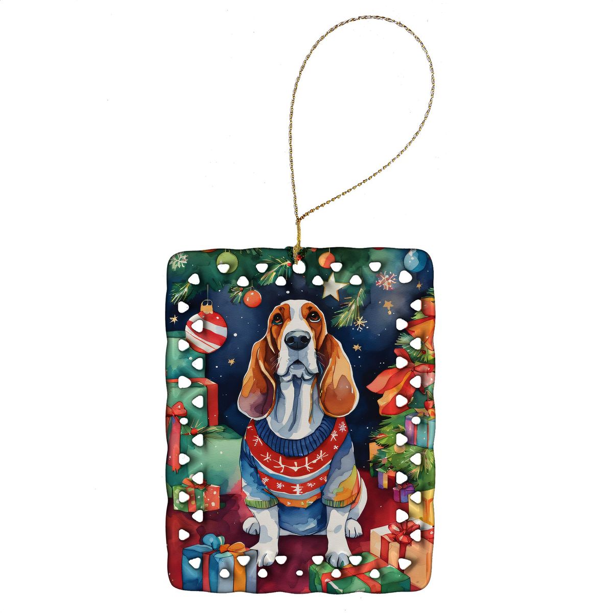 Basset Hound Christmas Porcelain Ornament Christmas Tree Hanging Decorations For Home Christmas Holiday, Rectangle, Gift, Multicolor_maomaolike.com