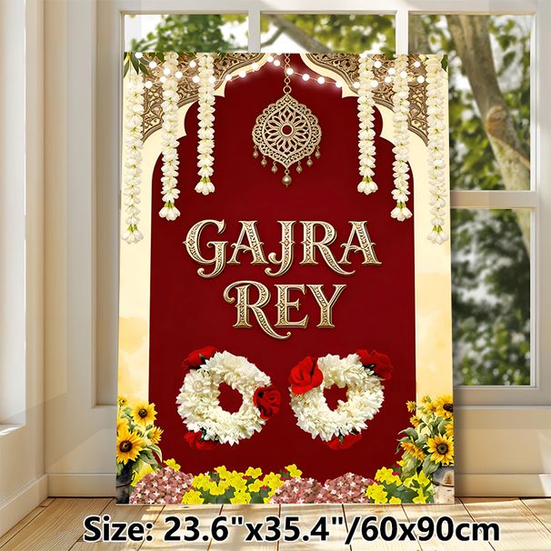 Gajra Rey Traditional Indian Festival Painting Poster, Rich Red-toned Ornate Ethnic Decorative Poster, Vibrant Cultural Design With Floral Garlands_maomaolike.com