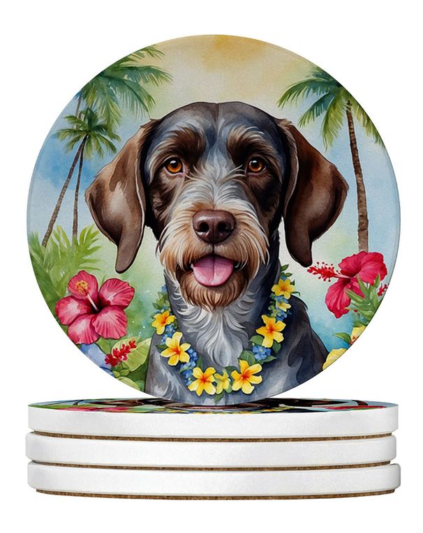German Wirehaired Pointer Luau Large Sandstone Coasters Pack Of 4 Absorbent Round Coasters Decor Gifts For Men Or Women, 4 In, Multicolor_maomaolike.com