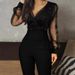 Women's Clothing new solid color V neck mesh slim long sleeved jumpsuit trousers large stock_maomaolike.com