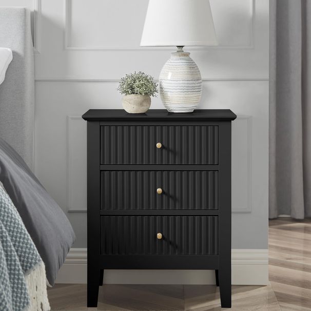 conifferism White Bed Side Table With 3 Drawers 19" W, Bedroom Nightstand 24" H,Vintage Modern Night Stand,Living Room Fluted End Bedside Tables_maomaolike.com