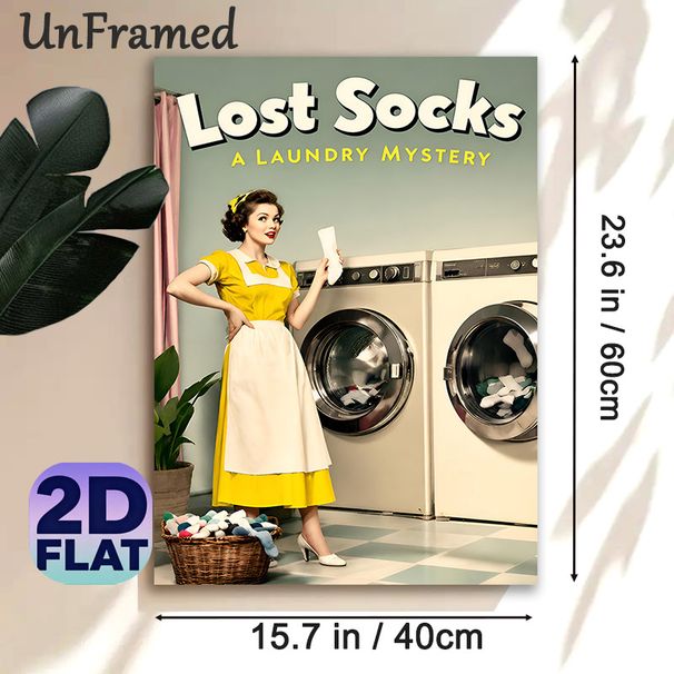 Lost Socks Laundry Mystery Painting Poster, Vintage-style Retro Housewife & Laundry Machines Scene Poster, Humorous Whimsical Design, Ideal For_maomaolike.com