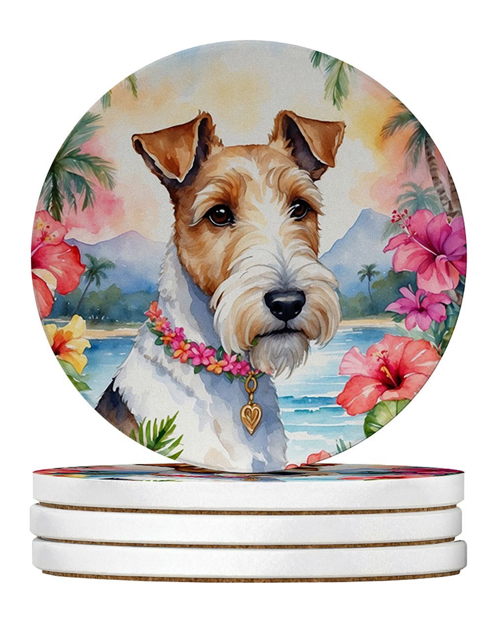 Fox Terrier Luau Large Sandstone Coasters Pack Of 4 Absorbent Round Coasters Decor Gifts For Men Or Women, 4 In, Multicolor_maomaolike.com