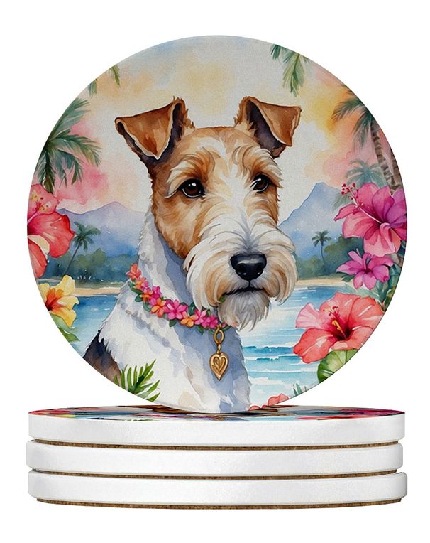 Fox Terrier Luau Large Sandstone Coasters Pack Of 4 Absorbent Round Coasters Decor Gifts For Men Or Women, 4 In, Multicolor_maomaolike.com