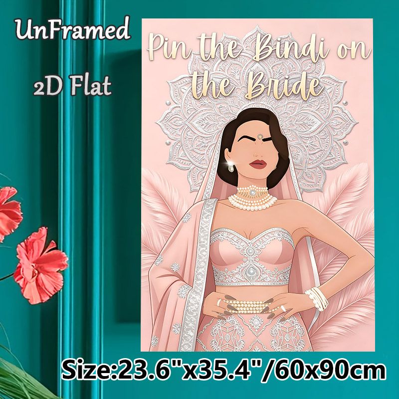 Pin The Bindi On The Bride Painting Poster, Pastel Pink Elegant Illustrated Indian Bride Poster, Interactive Party Game Decor For Bachelorette Parties_maomaolike.com