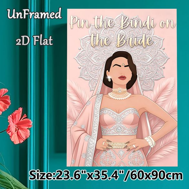 Pin The Bindi On The Bride Painting Poster, Pastel Pink Elegant Illustrated Indian Bride Poster, Interactive Party Game Decor For Bachelorette Parties_maomaolike.com