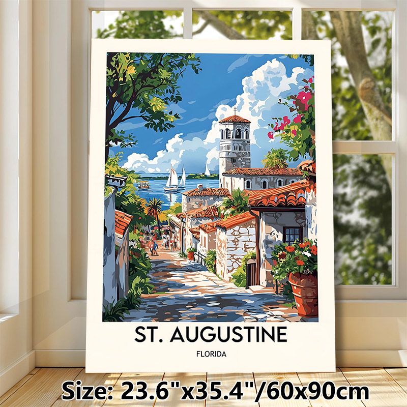 St. Augustine Florida Coastal Town Painting Poster, Vibrant Retro Scenic Poster, Picturesque Seaside Street With Bell Tower & Sailboats, Ideal_maomaolike.com