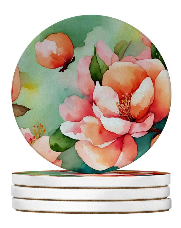 Delaware Peach Blossom In Watercolor Large Sandstone Coasters Pack Of 4 Absorbent Round Coasters Decor Gifts For Men Or Women, 4 In, Multicolor_maomaolike.com