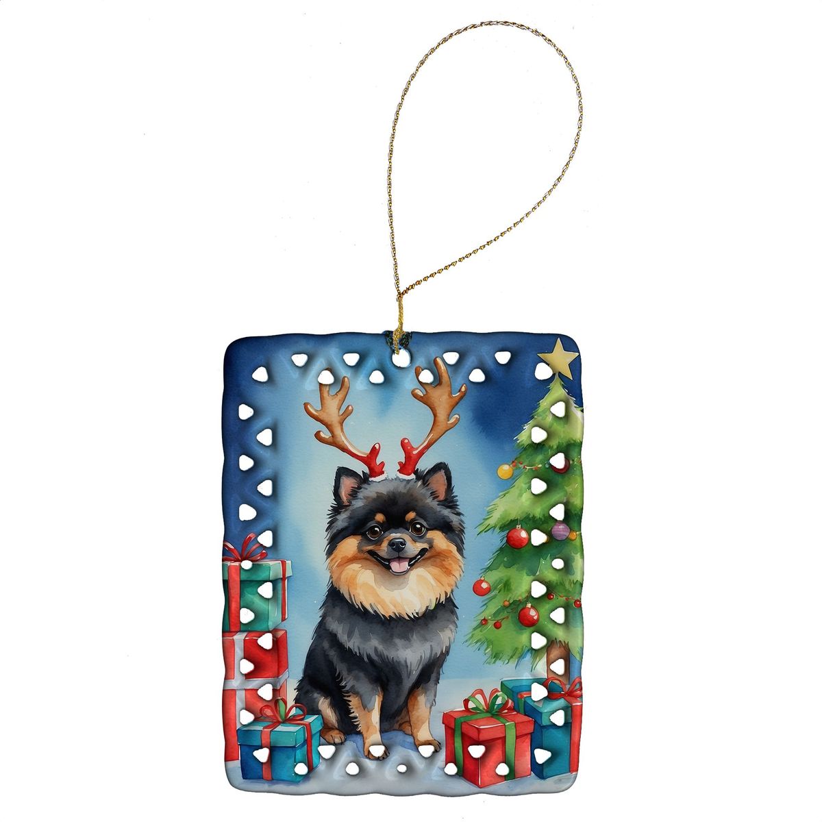 Pomeranian Christmas Reindeer Porcelain Ornament Christmas Tree Hanging Decorations For Home Christmas Holiday, Rectangle, Gift, Multicolor_maomaolike.com