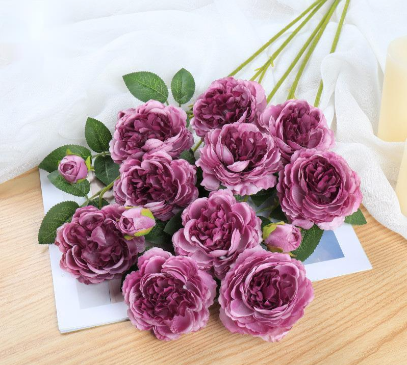 Artificial 3-Pronged Foreign Peony Rose Bouquet Wedding Living Room Decoration Plastic Fake Silk Flower Wholesale_maomaolike.com