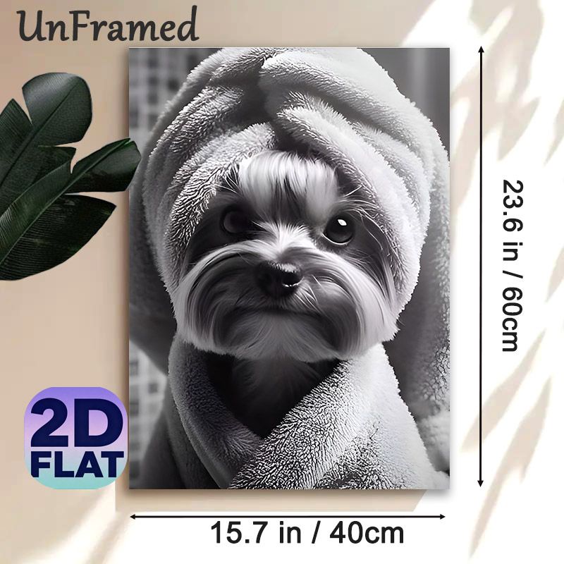 Cute Dog Painting Poster, Monochrome Realistic Fluffy Dog Wrapped In Towel Poster, Warm Cozy Vibe Ideal For Bedroom, Living Room And Pet Lovers_maomaolike.com