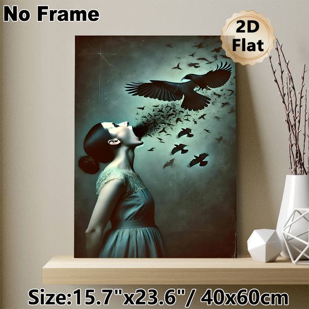 Surreal Crow & Woman Painting Poster, Mysterious Dark Surreal Art Poster, Unique Expressive Design Ideal For Living Room, Art Studio And Modern_maomaolike.com