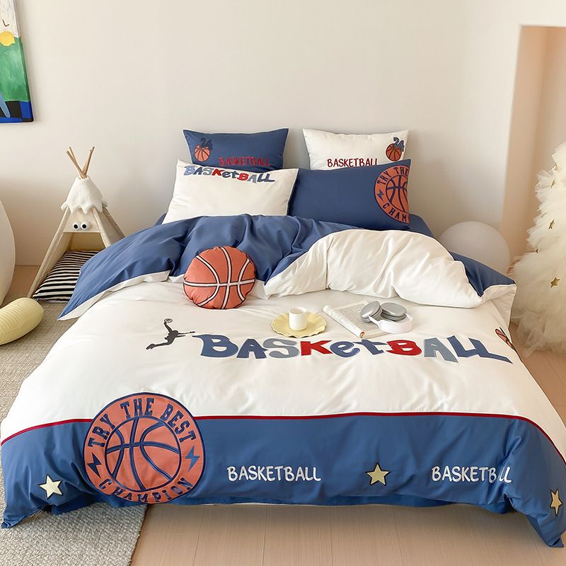 100% Long-Staple Children's Four-Piece Set Pure Cotton Duvet Cover Boys' Basketball Theme Bedding 100s_maomaolike.com