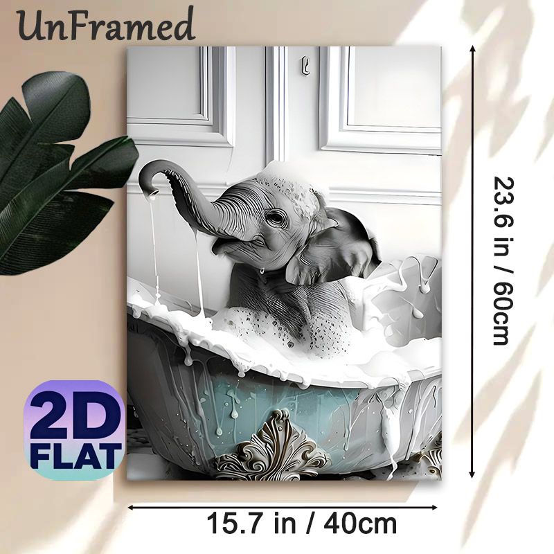 Elephant Bath Themed Painting Poster, Monochrome Whimsical Poster, Playful Elephant In Vintage Bathtub With Foam Design, Brings Lighthearted Charm_maomaolike.com