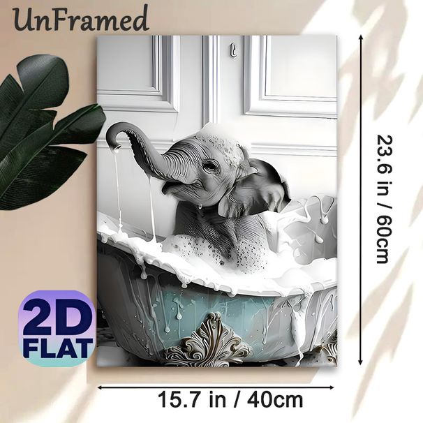 Elephant Bath Themed Painting Poster, Monochrome Whimsical Poster, Playful Elephant In Vintage Bathtub With Foam Design, Brings Lighthearted Charm_maomaolike.com