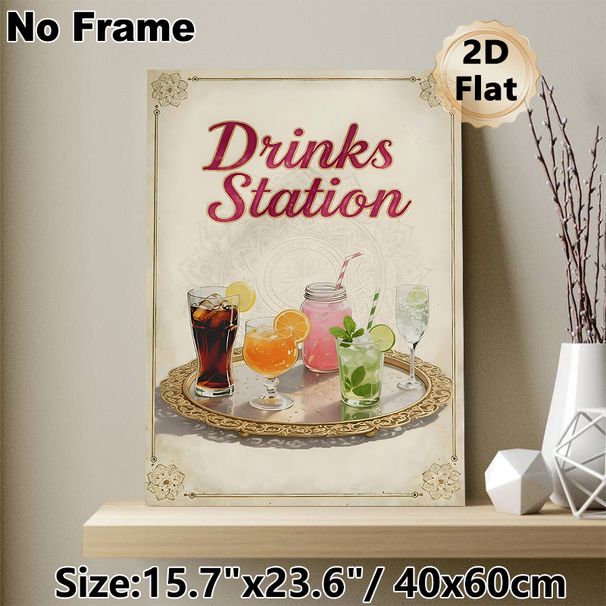 Drinks Station Painting Poster, Vintage-inspired Vibrant Assorted Drinks Poster, Charming Decorative Piece Ideal For Kitchen, Bar And Dining Area_maomaolike.com