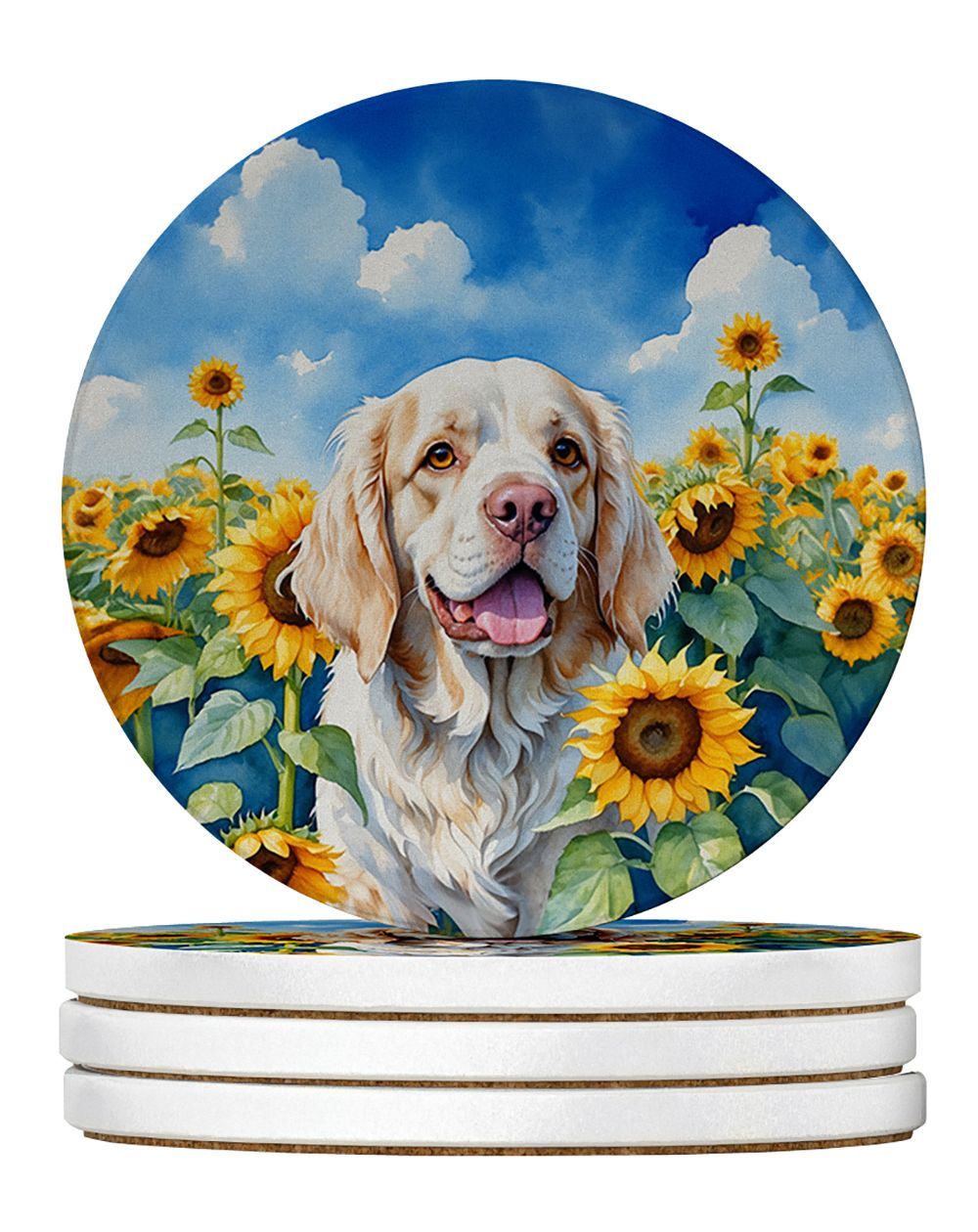 Clumber Spaniel In Sunflowers Large Sandstone Coasters Pack Of 4 Absorbent Round Coasters Decor Gifts For Men Or Women, 4 In, Multicolor_maomaolike.com
