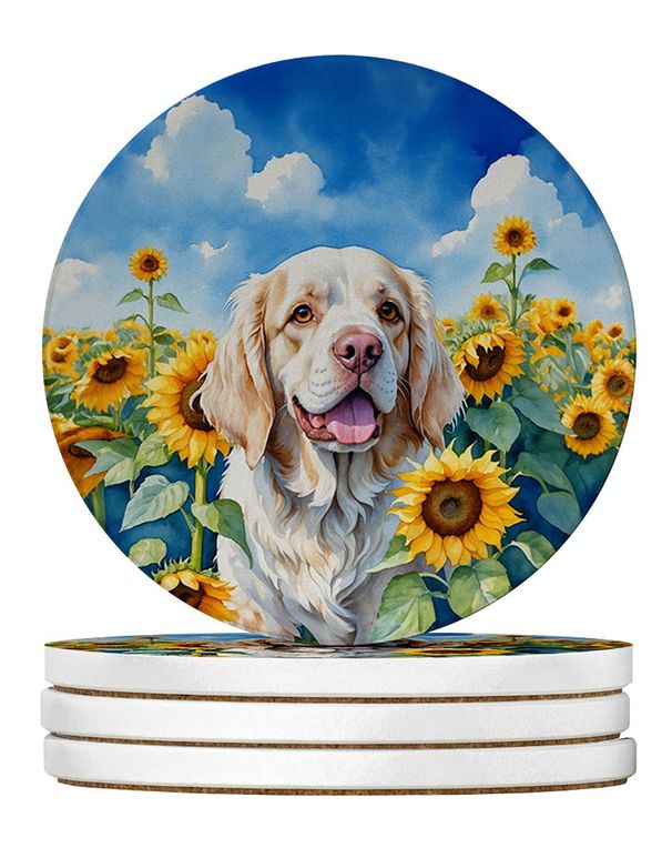 Clumber Spaniel In Sunflowers Large Sandstone Coasters Pack Of 4 Absorbent Round Coasters Decor Gifts For Men Or Women, 4 In, Multicolor_maomaolike.com