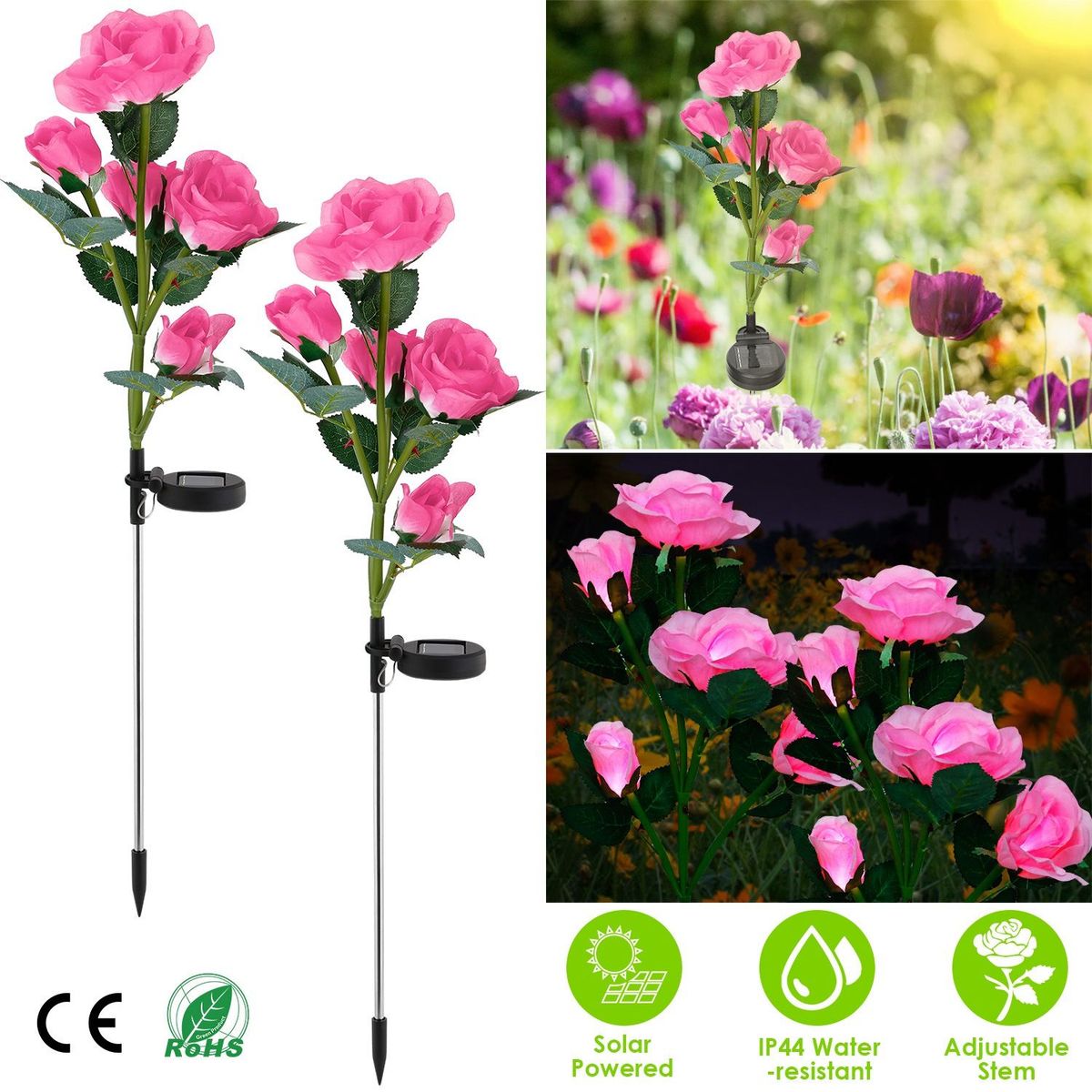 2Pcs Solar Powered Lights Outdoor Rose Flower LED Decorative Lamp Water Resistant Pathway Stake Lights For Garden Patio Yard Walkway_maomaolike.com