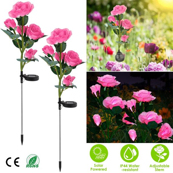 2Pcs Solar Powered Lights Outdoor Rose Flower LED Decorative Lamp Water Resistant Pathway Stake Lights For Garden Patio Yard Walkway_maomaolike.com