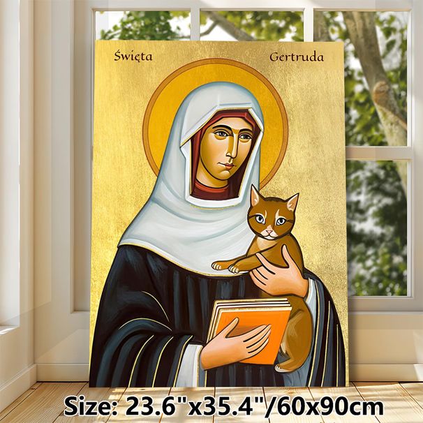 Saint Gertrude Religious Painting Poster, Traditional Icon-style Poster Featuring Saint Gertrude With Cat & Book, Serene Devotional Decor Ideal For_maomaolike.com