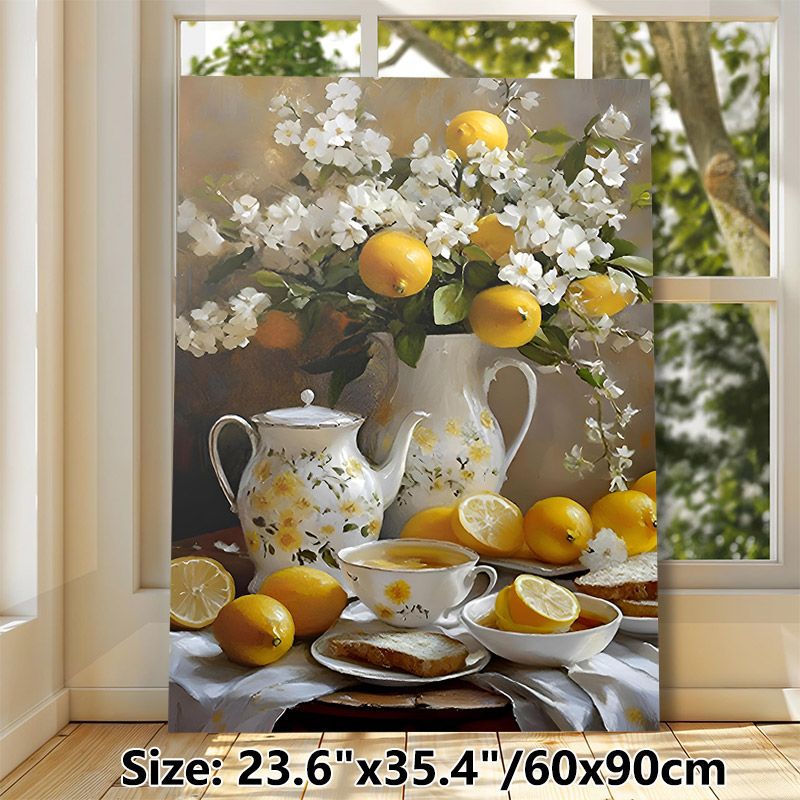 Lemon & Floral Still Life Painting Poster, Vibrant Realistic Teaware & Fresh Lemon Scene Poster, Warm Inviting Decor Ideal For Kitchen, Dining Room_maomaolike.com
