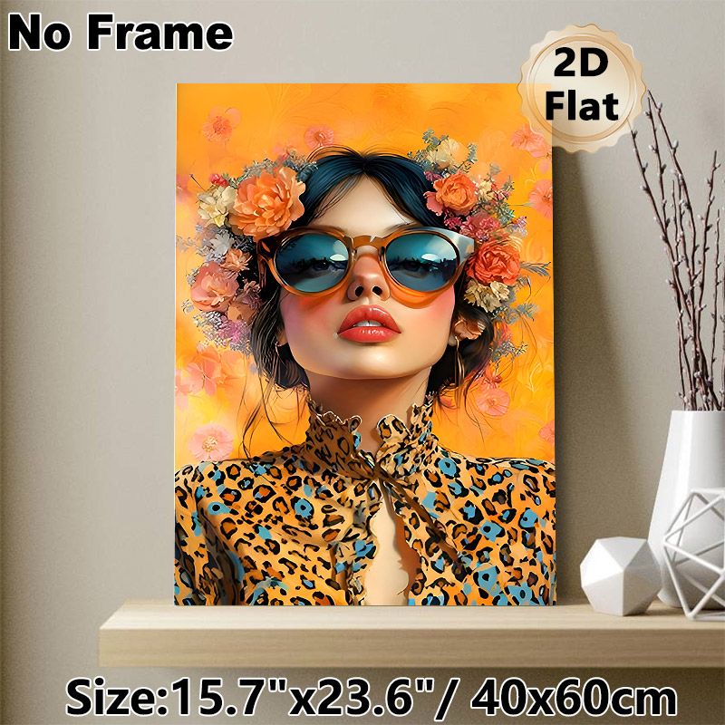 Floral Fashion Lady Painting Poster, Vibrant Artistic Portrait Poster, Eye-catching Chic Decor Featuring Lady With Floral Crown & Sunglasses, Ideal_maomaolike.com