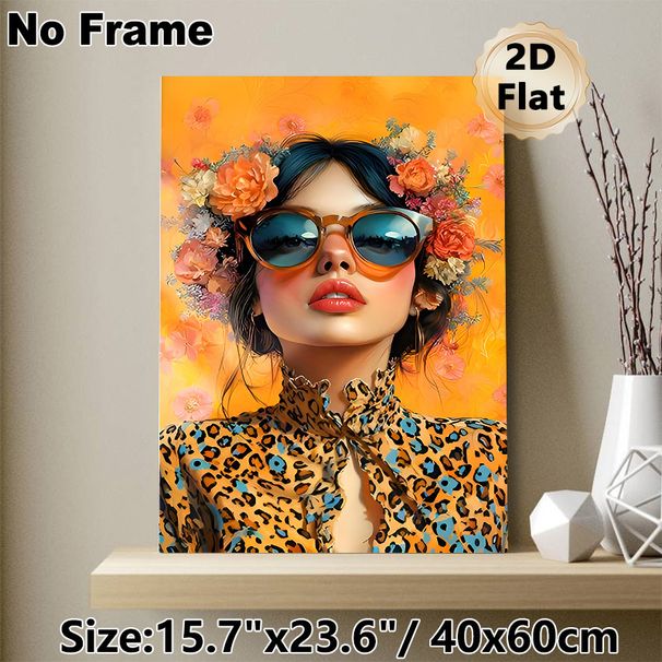 Floral Fashion Lady Painting Poster, Vibrant Artistic Portrait Poster, Eye-catching Chic Decor Featuring Lady With Floral Crown & Sunglasses, Ideal_maomaolike.com