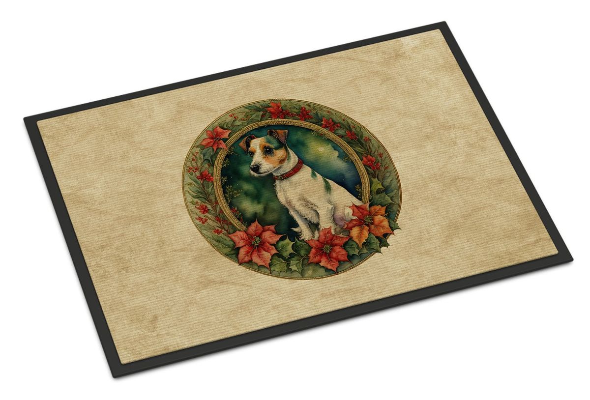 Jack Russell Terrier Christmas Flowers Doormat Front Door Mat Indoor Outdoor Rugs For Entryway, Non Slip Washable Low Pile, 24H X 36W_maomaolike.com