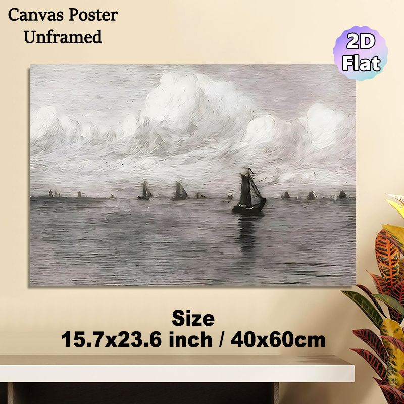 Sea & Sailing Boats Painting Poster, Muted-tone Impressionist-style Poster, Serene Coastal Scene With Sailboats Under Cloudy Sky, Ideal For Living_maomaolike.com