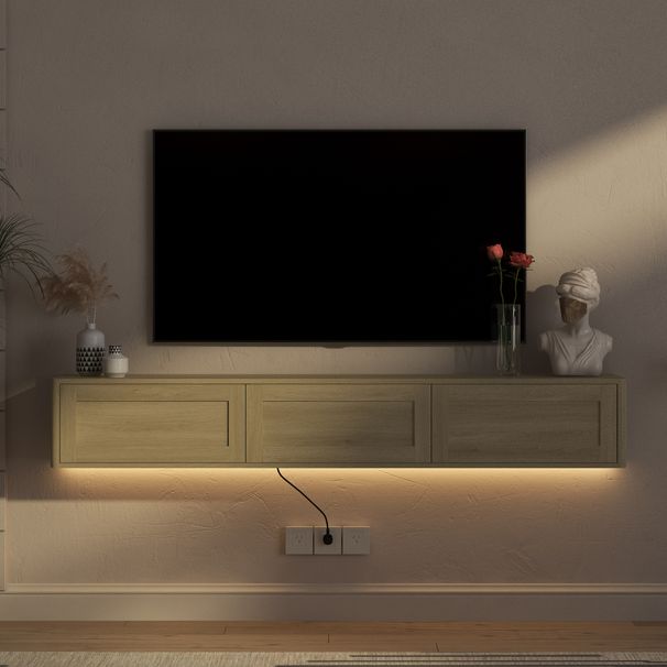 Floating TV Stand, Wall Mounted TV Shelf With Led Lights & Power Outlet,High Gloss TV Cabinet For Wood Tv Stands For Living Room_maomaolike.com