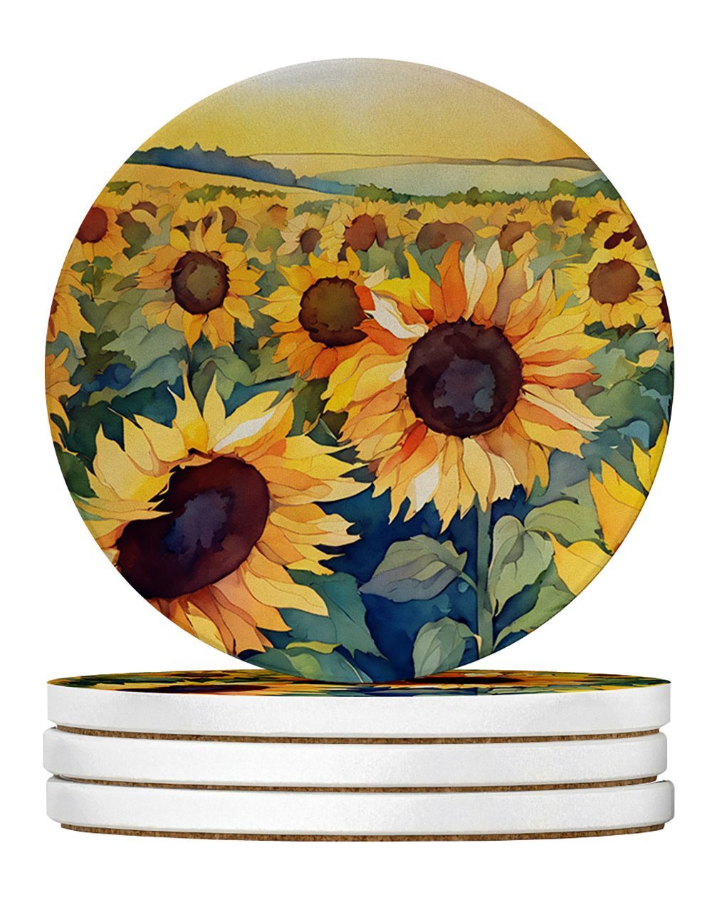 Kansas Sunflowers In Watercolor Large Sandstone Coasters Pack Of 4 Absorbent Round Coasters Decor Gifts For Men Or Women, 4 In, Multicolor_maomaolike.com