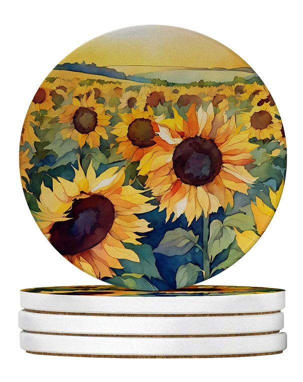 Kansas Sunflowers In Watercolor Large Sandstone Coasters Pack Of 4 Absorbent Round Coasters Decor Gifts For Men Or Women, 4 In, Multicolor_maomaolike.com