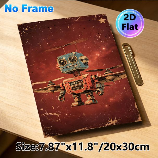 Vintage Flying Robot Painting Poster, Retro Distressed Mechanical Robot With Propellers Poster, Nostalgic Space-themed Decor Suitable For Home Office_maomaolike.com